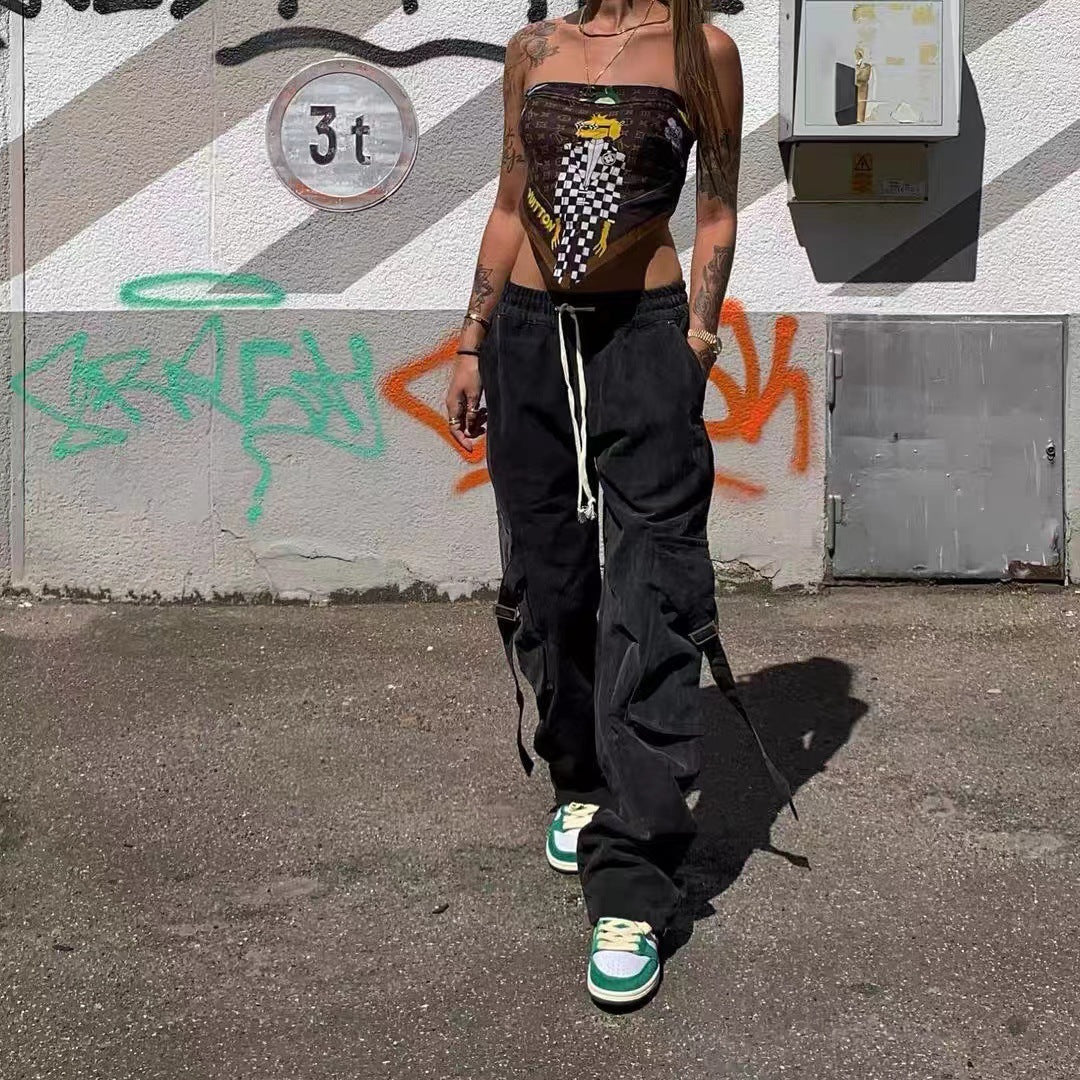 Askyurself Pant Loose Casual Straight-Leg Drawstring Overalls Trousers